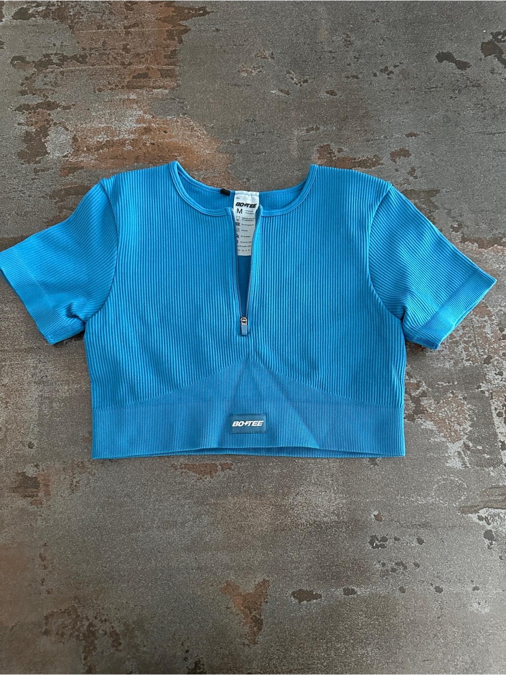 Bo+Tee Blue Ribbed Zip-Front Crop Top